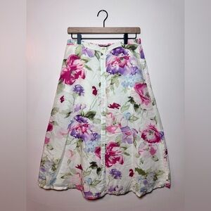 Vintage RL Chaps Linen Midi White Floral Watercolor Lined A-Line Skirt - Size 6
